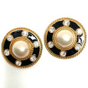 Vintage Black Enamel  Faux Pearl & Rhinestone Headlight Statement Clip Earrings